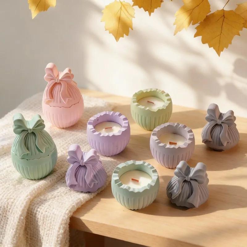 2026 Latest Models Easter Egg Candle Jar Concrete Silicone Mold Candle Holder Mold Bowknot Egg Plaster Storage Candlestick