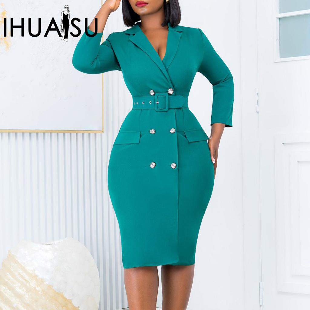 IHUASU Frühling Herbst Temperament Pendler OL Anzug Kragen Einfarbig Zweireiher Plus Größe Langarm Hohe Taille Kleid