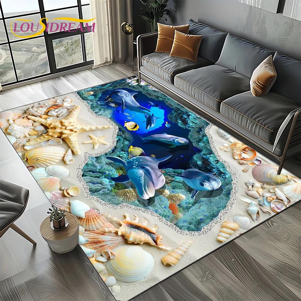 Underwater World 3D Illusion Seabed Cartoon Shark Dolphin Carpet Rug for Living Room Bedroom Home Sofa Decoration,Floor Mat Kid