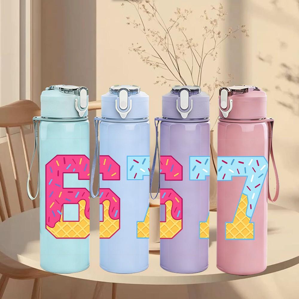 1PC Pastel Number Sixty Seven Art 750ml Color Plastic Sports Water Bottle Leakproof Flip Straw Lid Suitable for Sports Office Home Use