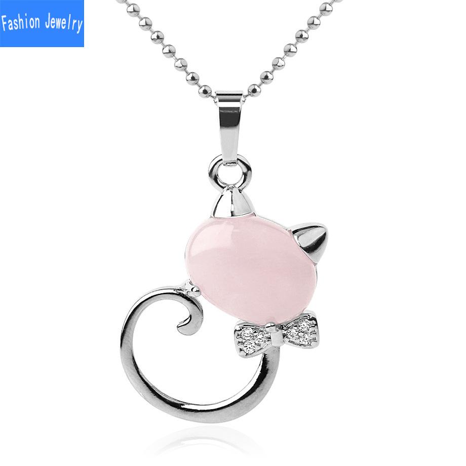 Natural Stone Cute Cat Pendant Multicolor Semi Gem Personalized Necklace