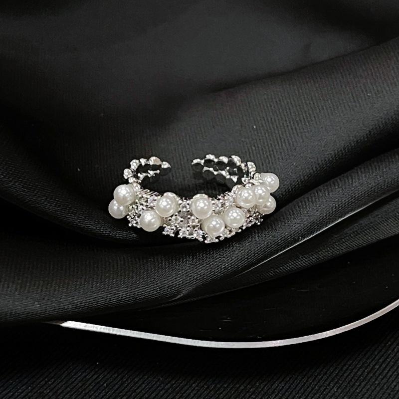 Sky Mirror Light Luxury High-End Zircon Niche Design Fashion Open Ring Pearl Stacked Ring Woman