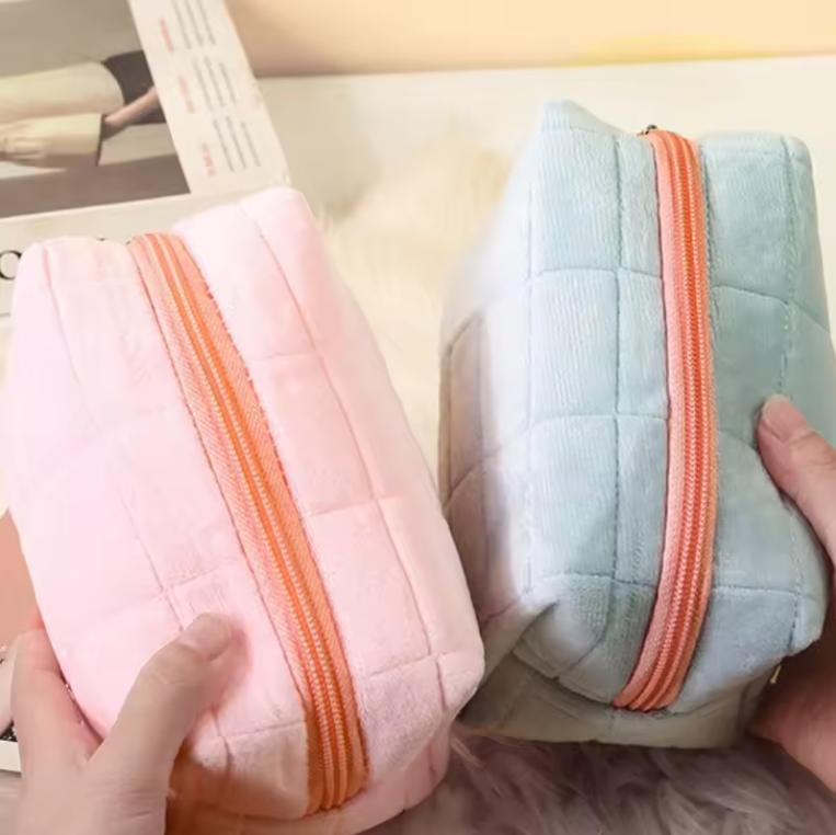Cute Soft Plush Small Cosmetic Bag Portable Travel Pouch Solid Color Zipper Toiletry Storage Organizer for Women Makeup