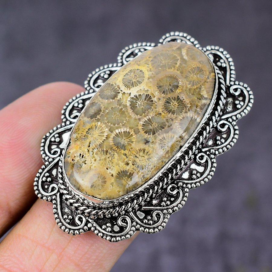 Naturlig Fossil Korall Edelstein Håndlaget 925 Sterlingsølv Ring Størrelse 6.5 z1L24
