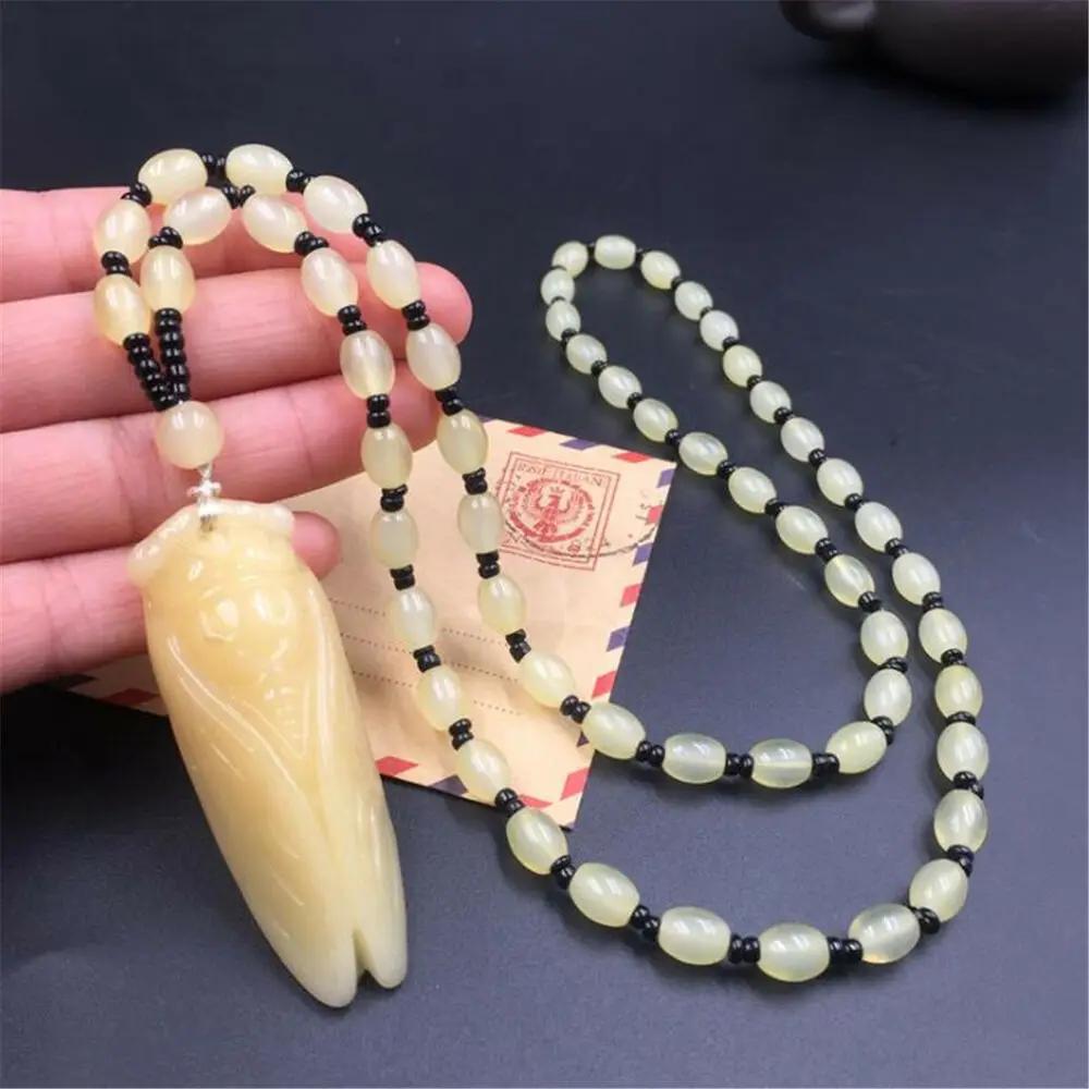 Mode Jade Zikade Geschnitzt Amulett Glücksbringer Anhänger Perlen Halskette Modeschmuck