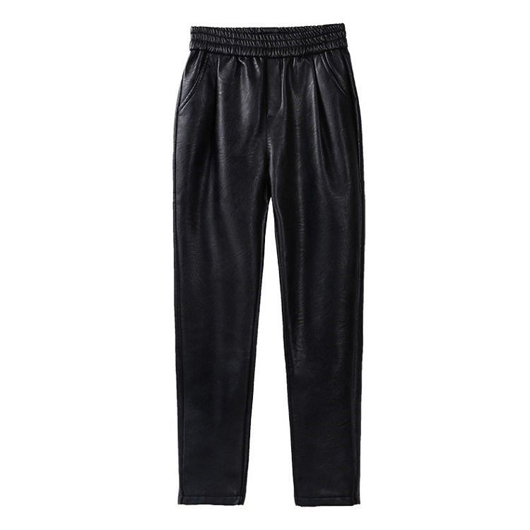 Faux Leather Plush Thickened High Waist Elastic Korean Size Pu Pants Women's  Fashion  Pants Women Clothing
