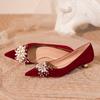 Fashion Stylish New Pointed Toe Shallow Suede Flower Slip-on Non-slip Wear-resistant Low-heel Wedding Shoes