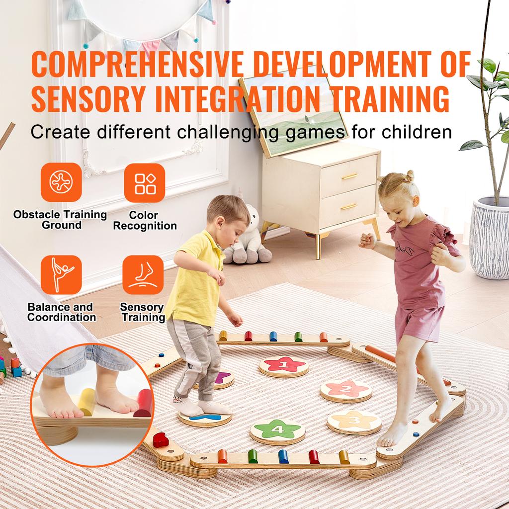 SucceBuy 6 PCS Balance Beam Stepping Stones Indoor Outdoor Wooden Toddler Balance Boards for Kids 2-6 Children Montessori Toy