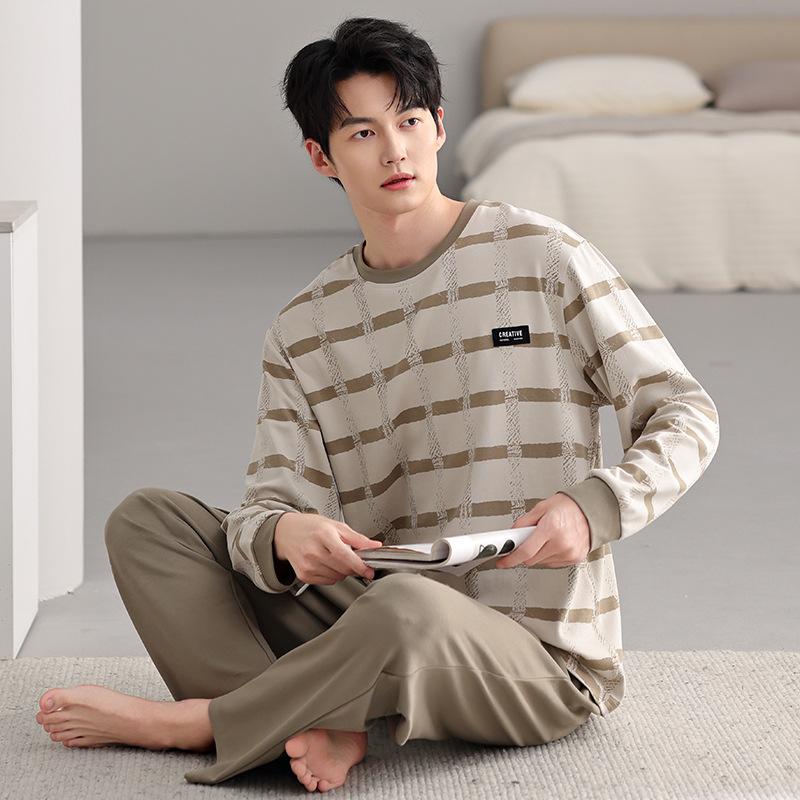 Men's pajamas spring and autumn pure cotton long-sleeved casual loungewear youth men's autumn thin cotton large-size suit