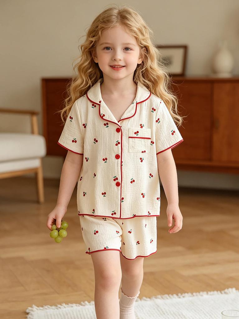 Girls Cherry Print Pajama Set, Short Sleeve Button Down Top & Shorts Sleepwear for Kids 4-7Y