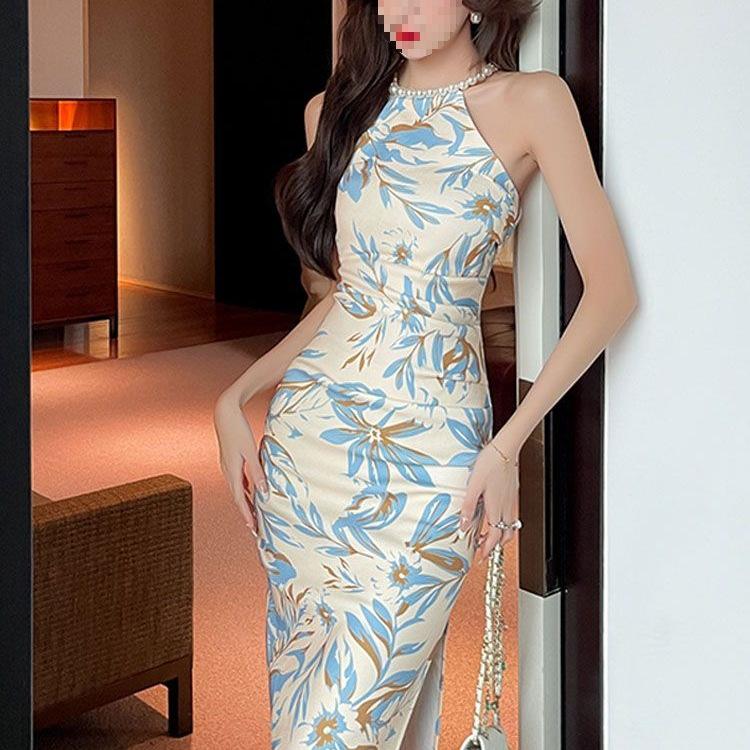 Floral Print Halter Neck Sleeveless Qipao Dress with Pearl Waist-Cinching and Slit - Summer Slimming Bodycon.