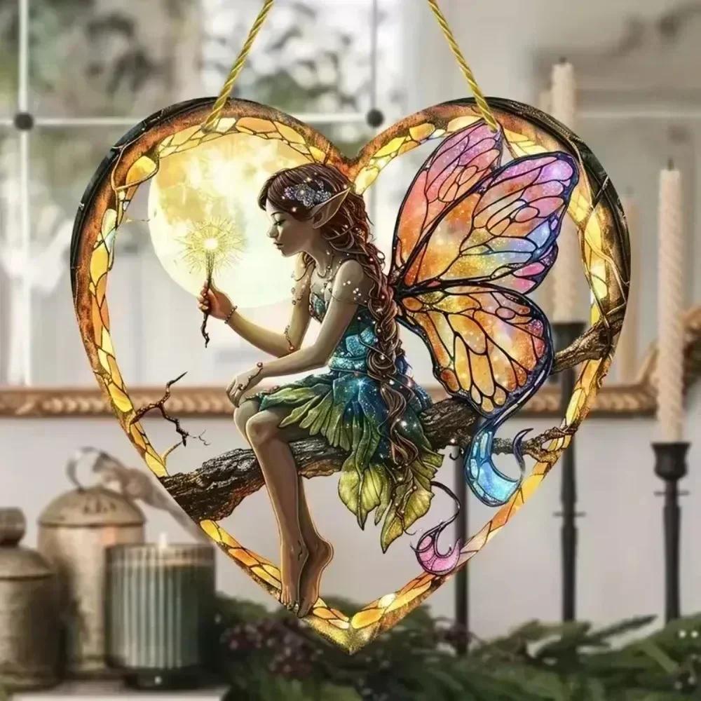 Fairy Angel Colorful Art Flower Suncatcher Stained Window Hanging Round Acrylic Pendant For Home Garden Yard Wall Ornament Decor