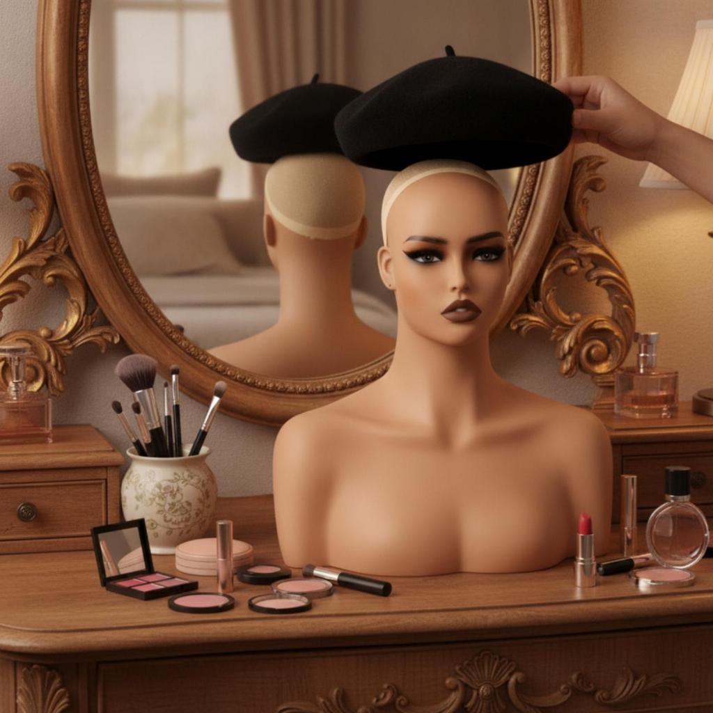 Realistic Mannequin Head with Shoulders Bald for Salons, Hair Stylists, Jewelers