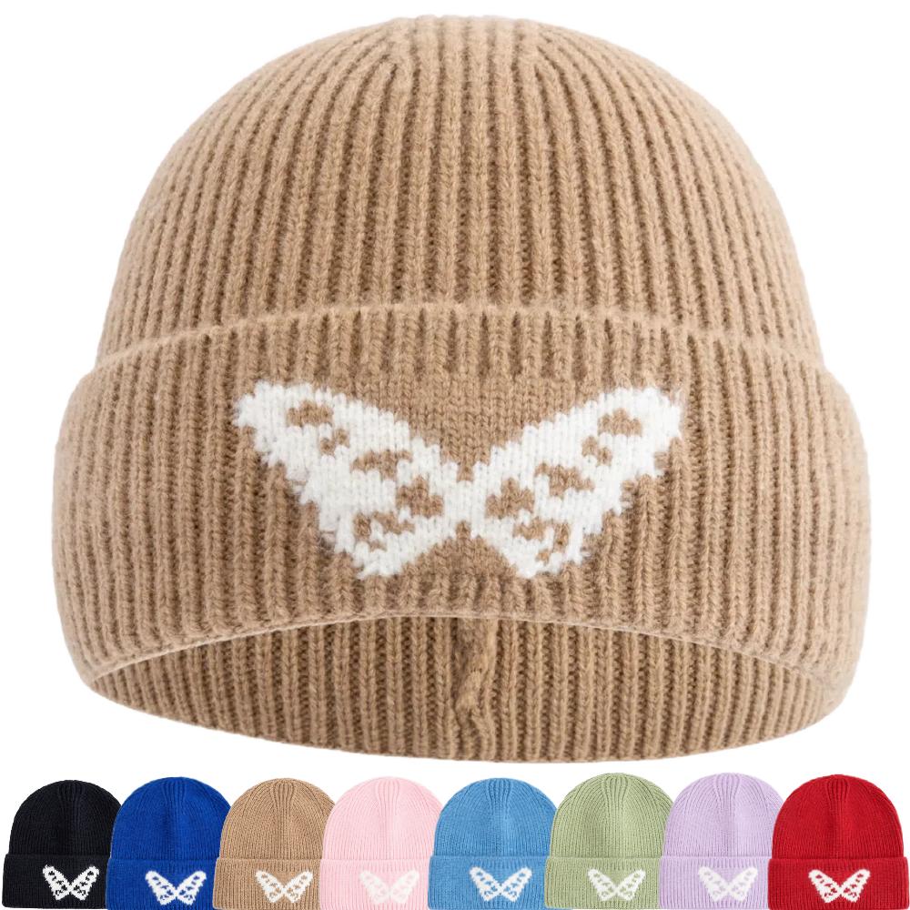 New Butterfly Embroidery Beanie Hats Winter Warm Cap Y2K Hats For Women Solid Color Winter Knitted Girl Hats Gift