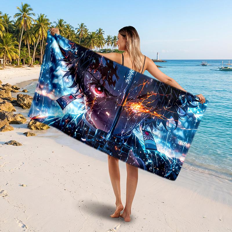 Kamado Tanjiro Printed Swim Towel, Portable Water Absorbent Towel for Beach Camping Daily Bathroom Use
