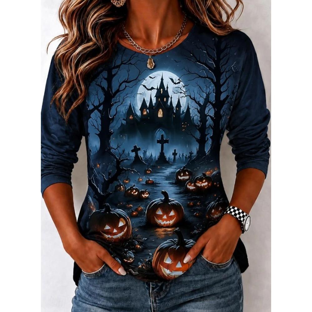 Tops for Women Halloween Print Round Neck Long Sleeve T-shirt Fall Casual Slim Pullover Women's Long Sleeve Top