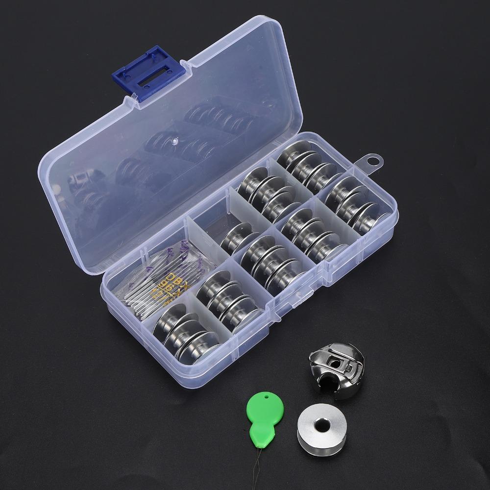 36pcs Metal Bobbins Sewing Machine Bobbin Set Aluminium Silver Sewing Machine Bobbin Plastic Storage Box