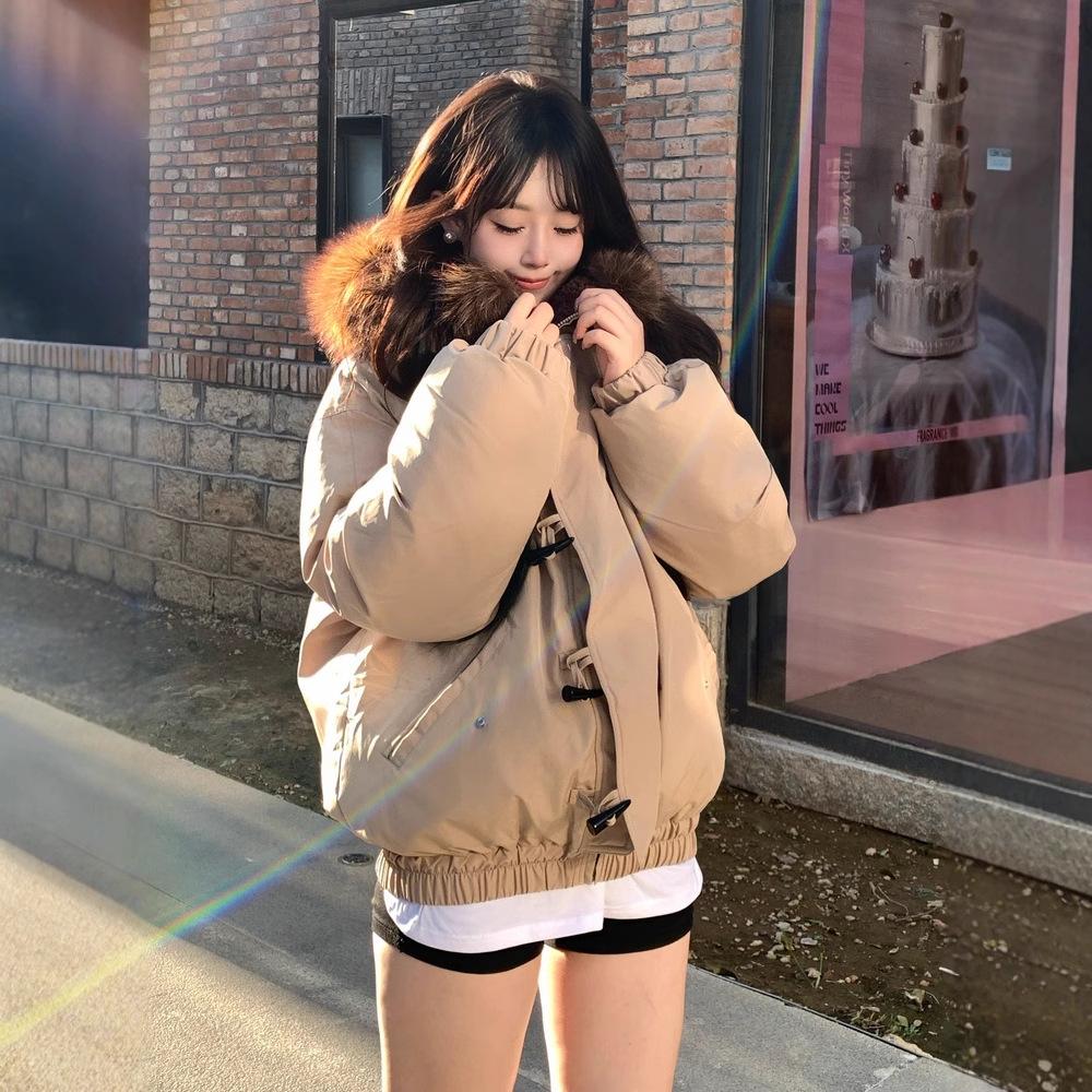 Blue Hooded Horn Buckle Cotton Clothes Women's Winter Thickened Warm Cotton Clothes Hooded Big Fur Collar Jacket