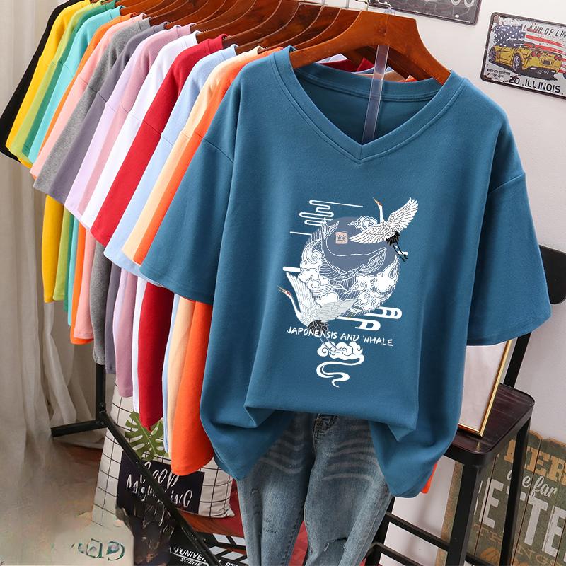 Short-sleeved T-shirt, Loose-fitting, Slimming Printed V-neck Top for Women