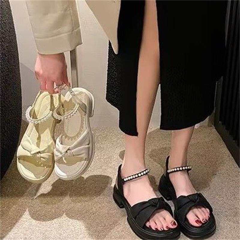 thick-soled pearl sandals, new summer outer wear heightening Roman shoes, bow outer wear soft-soled beach shoes