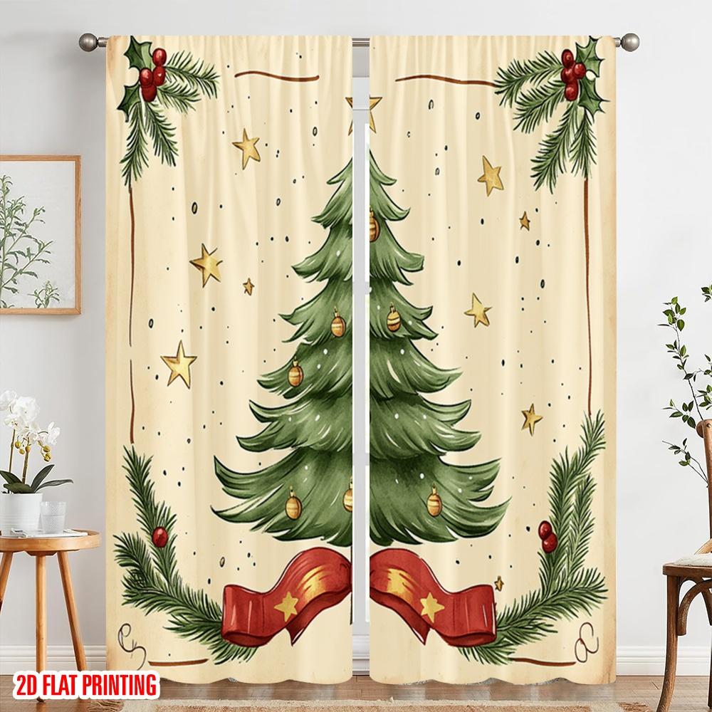 2 Stück, 2D-Flachdruck Muster Vorhänge Weihnachtsbaum Stechpalme Sterne (3) Vielseitiges, strapazierfähiges Polyester (ohne Stange) Heimdeko-Nutzung