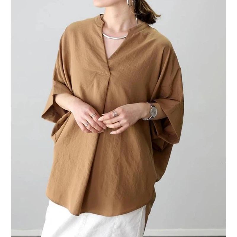 Women Light Beige Cotton Notch Neck Batwing Sleeve Longline Blouse