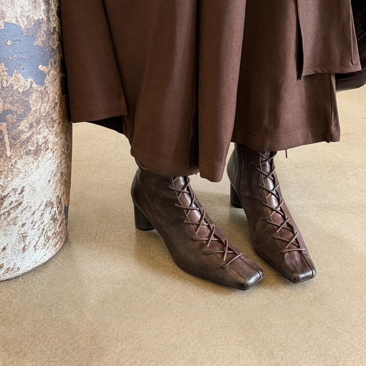 Full Leather French Niche Design Square Head Leather Shoes 2025 New Thick Heel Lace-up Single Shoes Women's High Heel European Goods Women