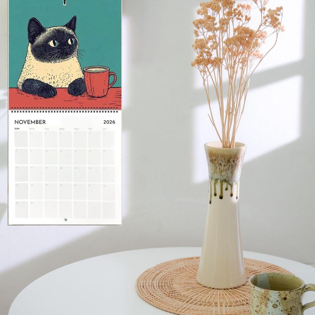 Cats Chillin' with Coffee 2026, 12 Monthly Cat Themed Calendar with Full-Color Illustrations, 2026 Cat Art Hanging Calendar, Spiral-Bound Hanging