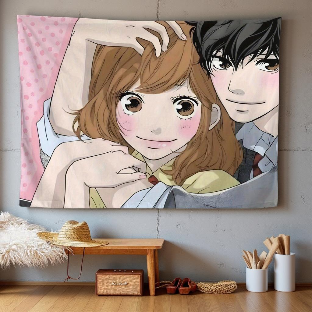 1pc Kawaii Anime School Couple Tapestry 2D Polyester Printed Pink Polka Dot Aesthetic Wall Decor for Bedroom Living Room Dorm Gi