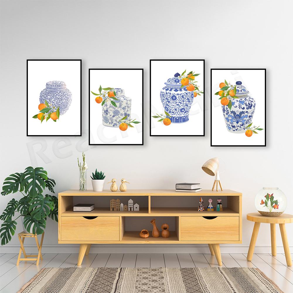 Ginger Jar Art Orange Wall Art Poster, Blue Chinoiserie Vase, Academic Wall Art, Traditional Asian Vase Print, Ginger Jar Print