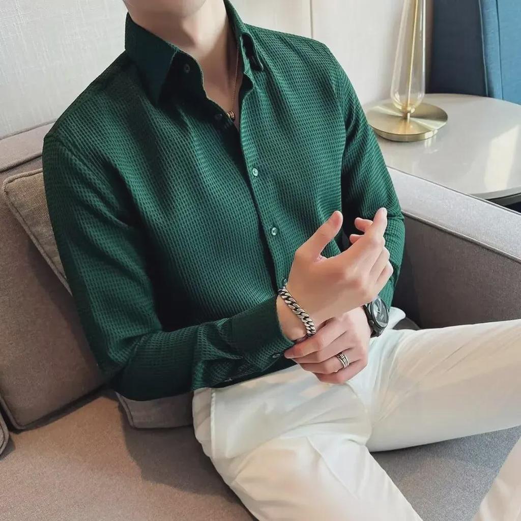"Men's Long Sleeve High-End Waffle Shirt - French Business Fashion for Spring & Autumn"