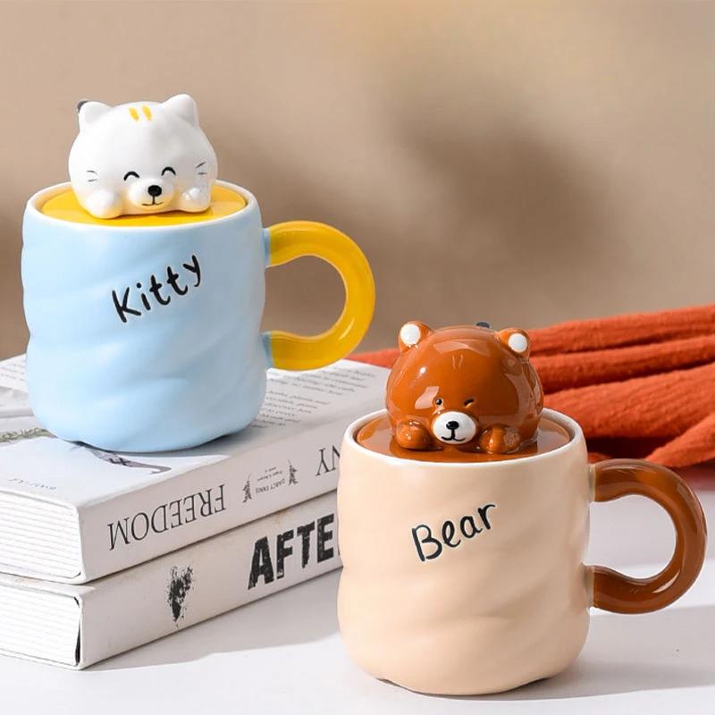 Marshmallow Animal Ceramic Cup,drinking Cup Household with Lid Spoon Underglaze Color Couple Cute Mug Microwave Oven Can Be Used