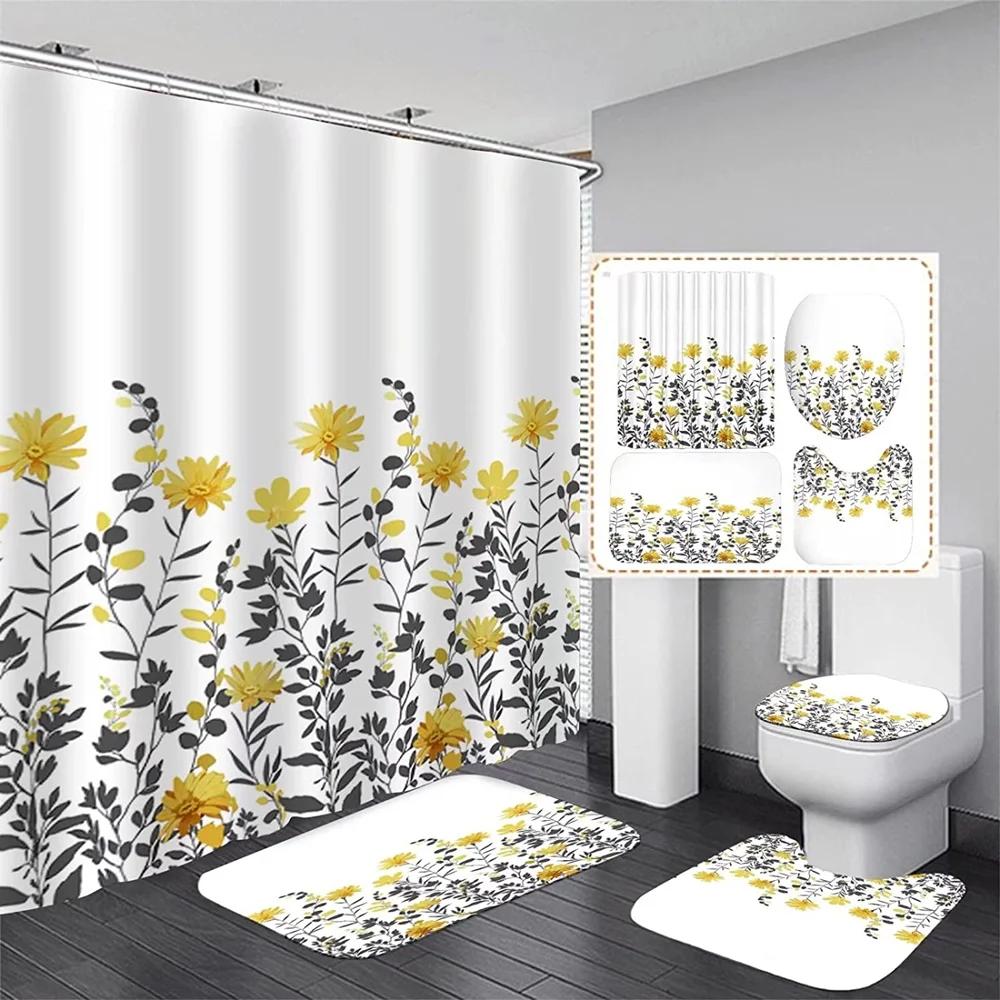 Green Leaves Shower Curtain Sets Spring Rural Plant Flower Bathroom Curtains Non-Slip Toilet Lid Cover Rug Baths Mats Home Decor