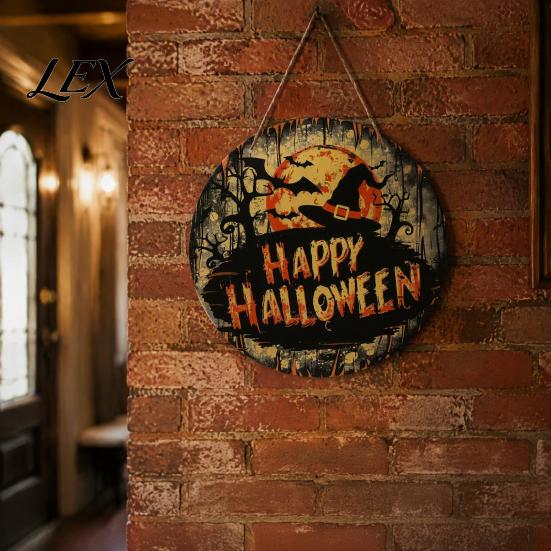 Halloween Door Hanging Sign Witch Sign, 8" Round Wooden Autumn Forest Gift for Friends Witches Rustic Holiday Home Front Porch Decoration Decorative