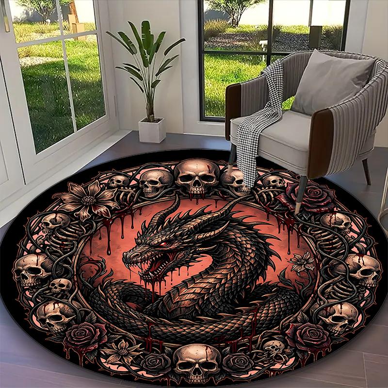 1pc Red Dragon Skull Wreath Printed Chair Rug for Home Office Use, Living Room Kitchen Game Room Round Carpet
