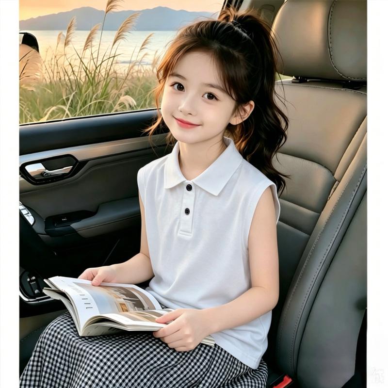 Trendy Pure Cotton Sleeveless Polo Shirt for Girls 6-15