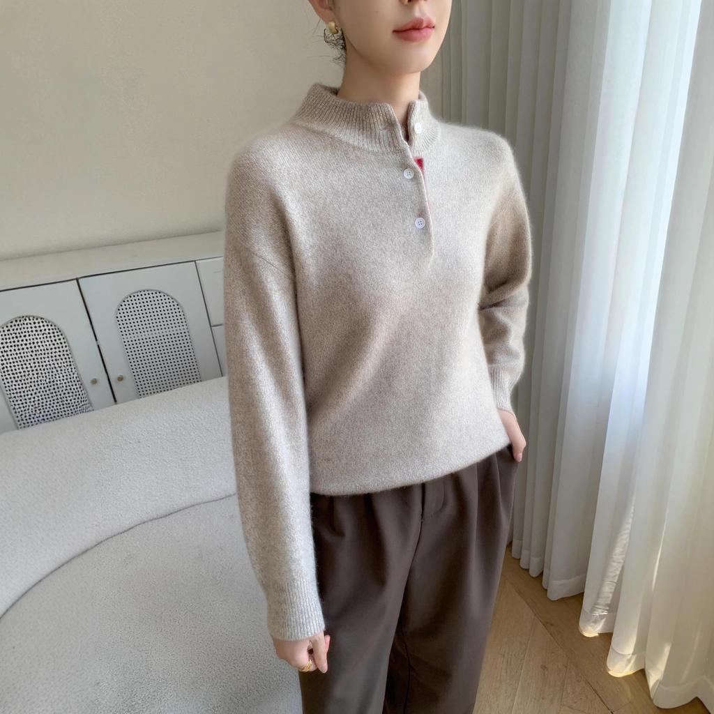 Baby Plush Autumn/Winter Soft Cashmere Color Block Knit Sweater - Women's Warm Button-Up Half-High Neck Base Layer.