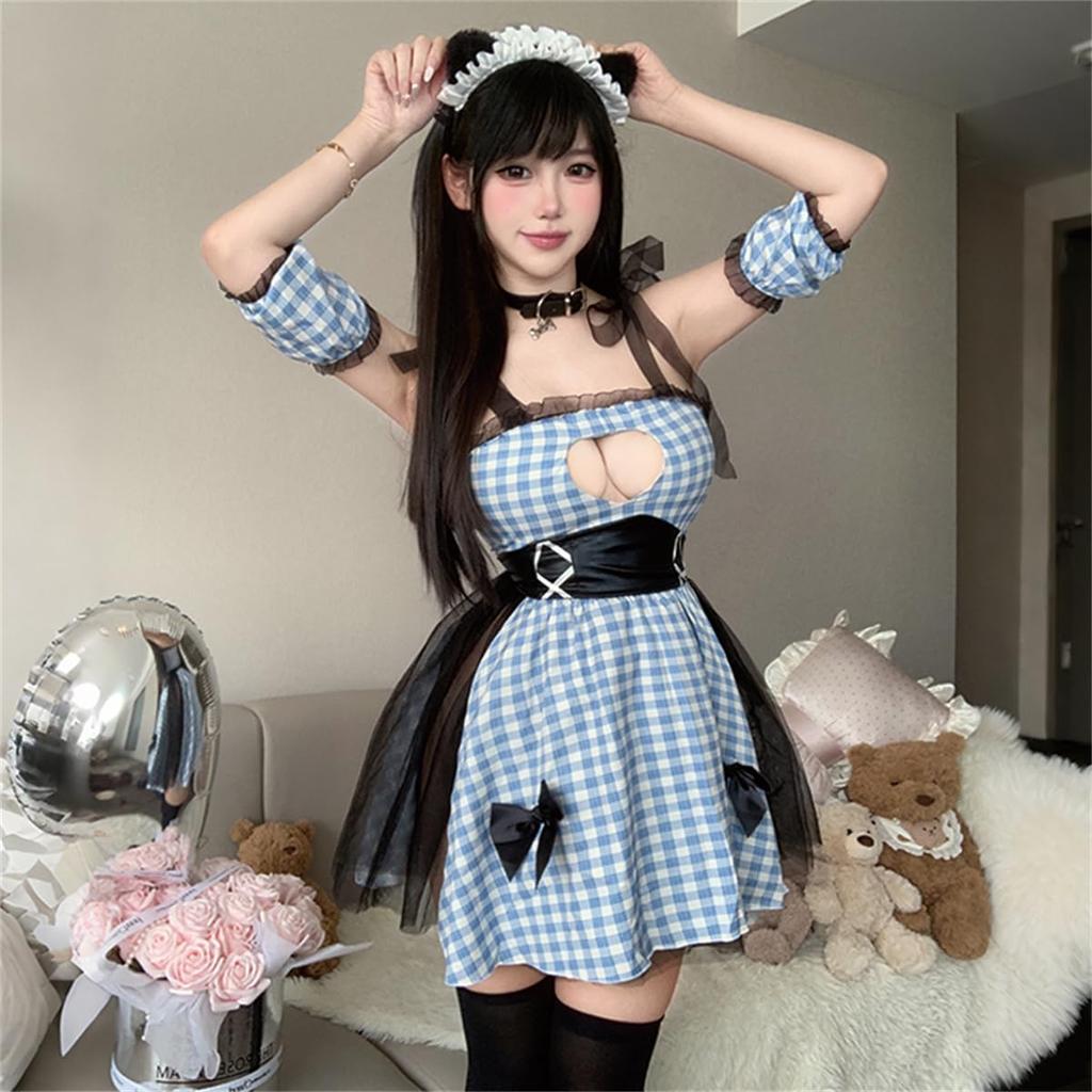 WhimsiNova Maid Costume Babydoll Halloween Popular Photo Shoot Gift 5-Piece Set, Sexy, Naughty, Open-Breasted, Sleeveless, Plaid, Lace, Costume, Cute,