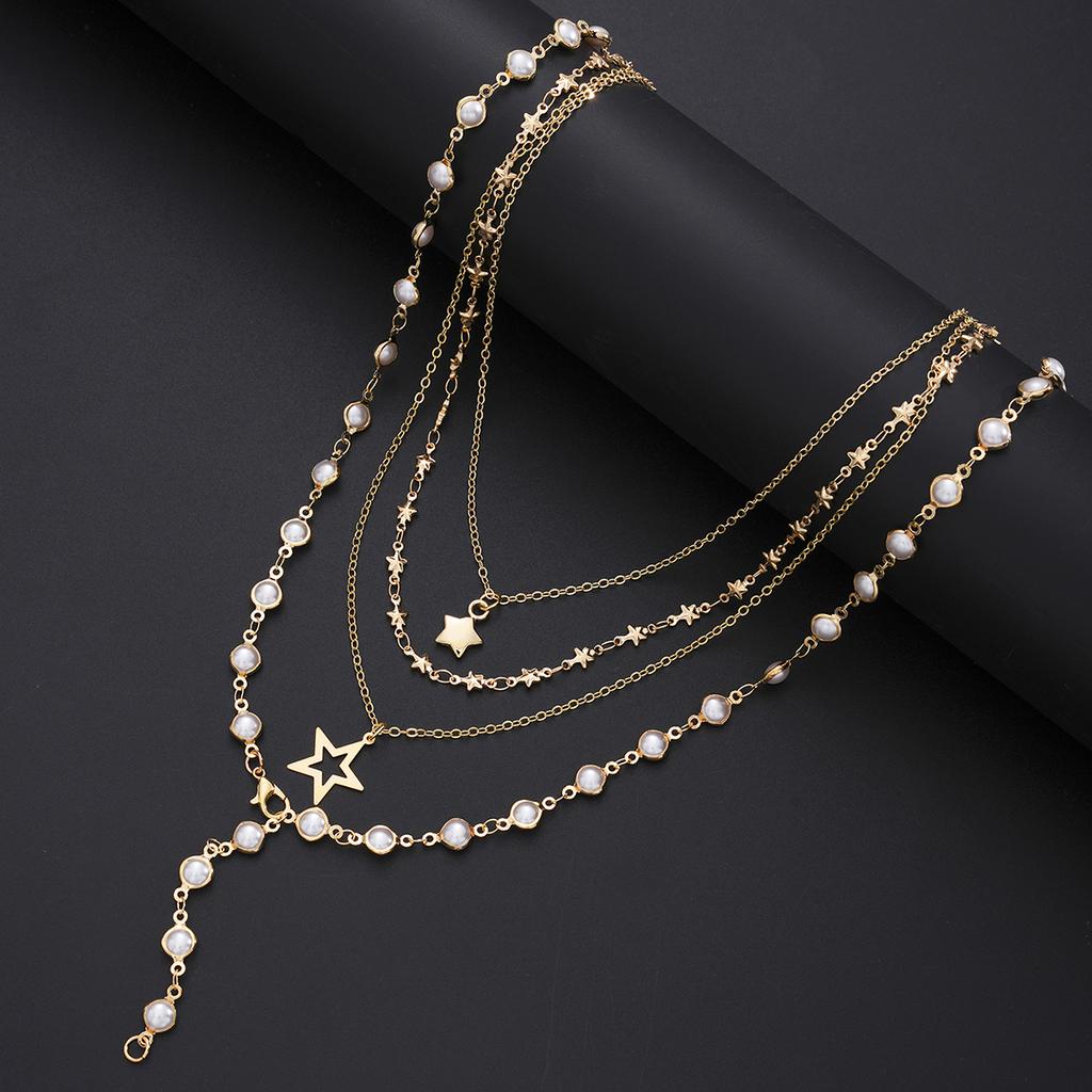 4pcs Fashion Simple Elegant Star Pendant Necklace Set Retro Pearl Y-Shaped Long Chain Necklace for Women Daily Wear Jewelry Gift