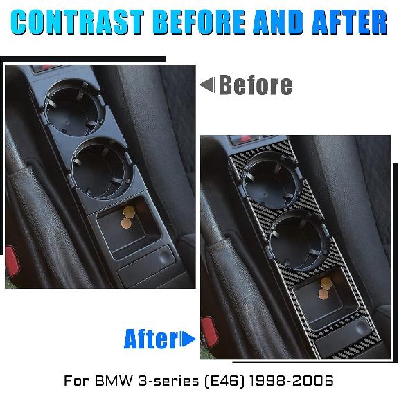 Carbon Fiber for BMW E46 1998-2006 Gear Shift Warning Button & Cup Holder Trim – Black Carbon Fiber Interior Panel Deco Cover.