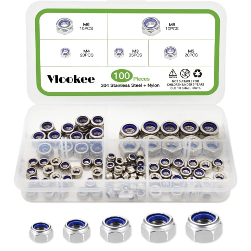 

Vlookee 100-Piece Hex Lock Nuts, Flange Lock Nuts, M3, M4, M5, M6, M8, Nylon Nuts, SUS304 Stainless Steel, Anti-Loosening Nuts, Hex Head Nuts, Replace