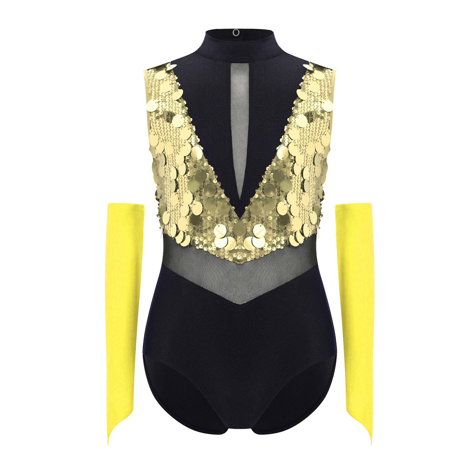 

Дівчачий гімнастичний купальник з імітацією горловини, без рукавів, з вирізом на спині, з блискучими паєтками, кольоровий блок 5-6 Years золотий