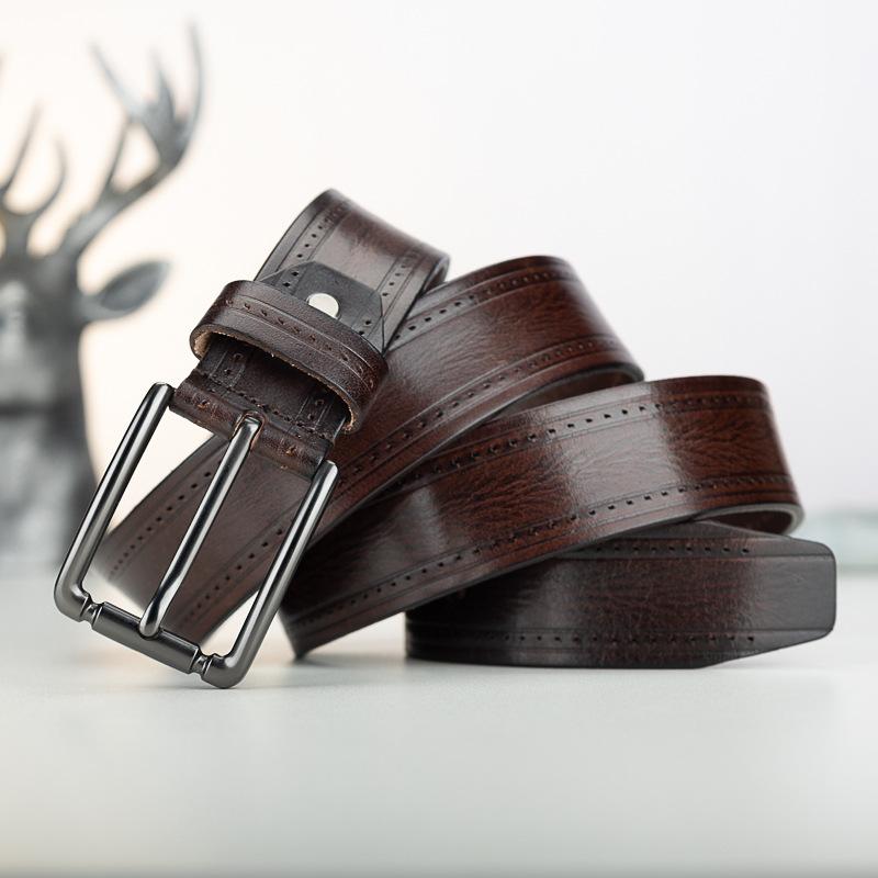 

Мужской ремень Сплавная пряжка-штифт Повседневный Мужской ремень из коровьей кожи первого слоя Джинсы 130cm темно-коричневого