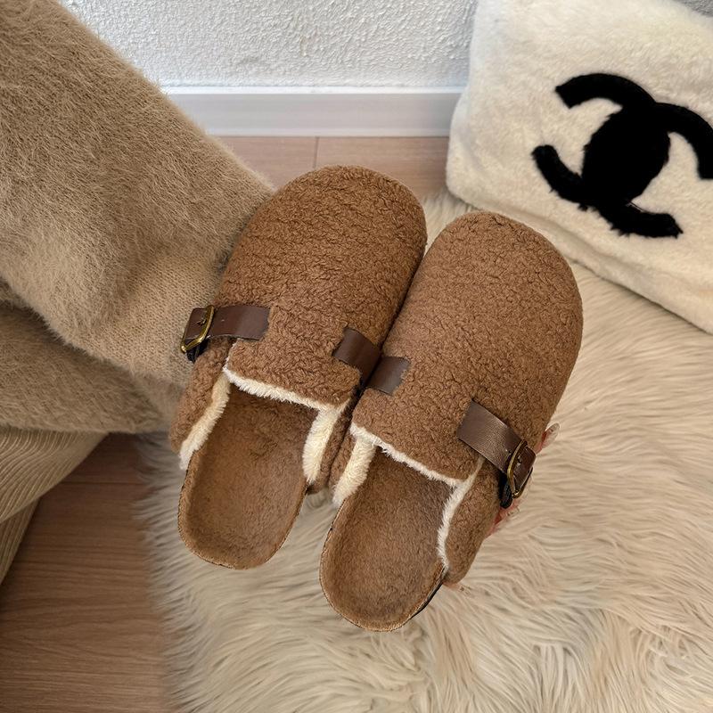 

Мода из овечьей шерсти французская пряжка на одно слово с легким верхом, хлопковые тапочки на плоской подошве, обувь из норки Doudou, обувь для женщин 40 коричневый
