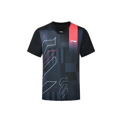Li Ning Badminton Series Striped Logo Print Straight Cut Comfortable Short Sleeve T-Shirt Unisex Tops Black AAYU269-1