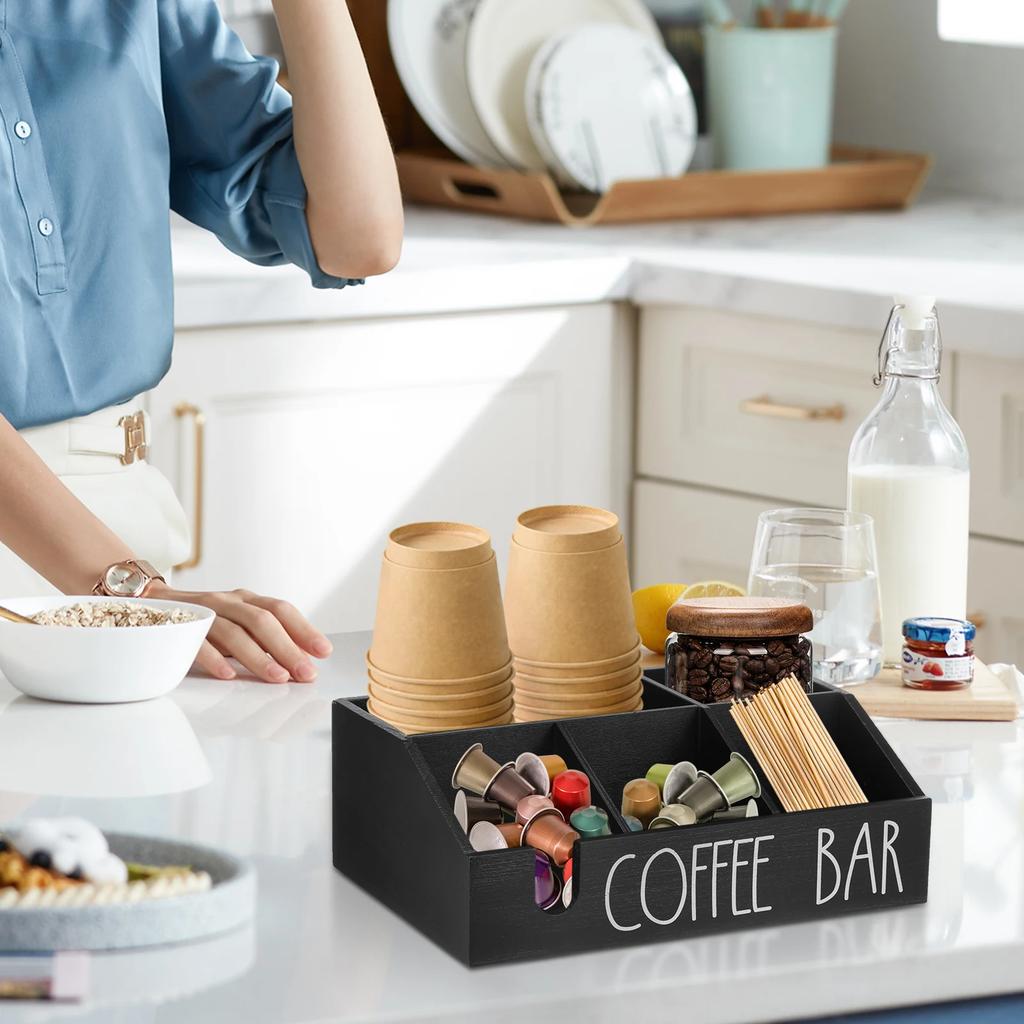 Wooden Coffee Storage Box Multi Compartment Wood Coffee Pod Tea Bag Holder with Slot Multi-Purpose Coffee Bar Storage Holder