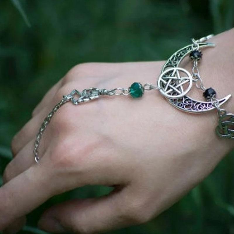 

Moon Goddess Three Bend Moon Bracelet, A Pagan Ring, And A Witch Pentagram Bracelet.