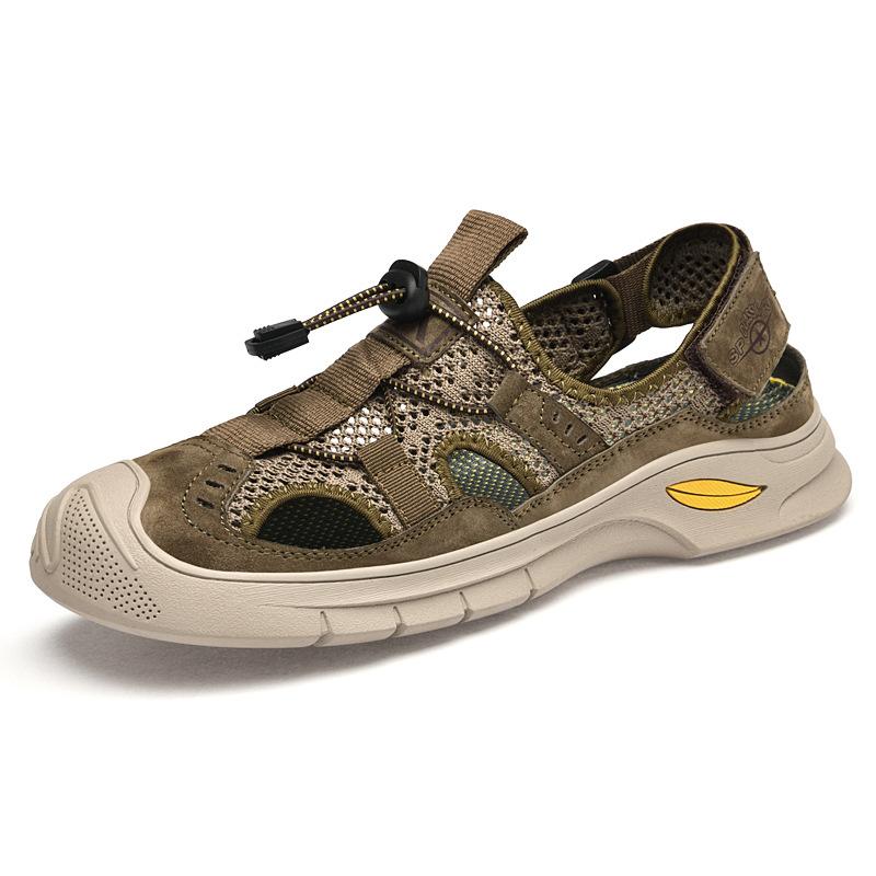 Summer New Mesh Hole Beach Shoes Men's Casual Outer Wear Hollow Breathable Leather Outdoor Sports Sandals