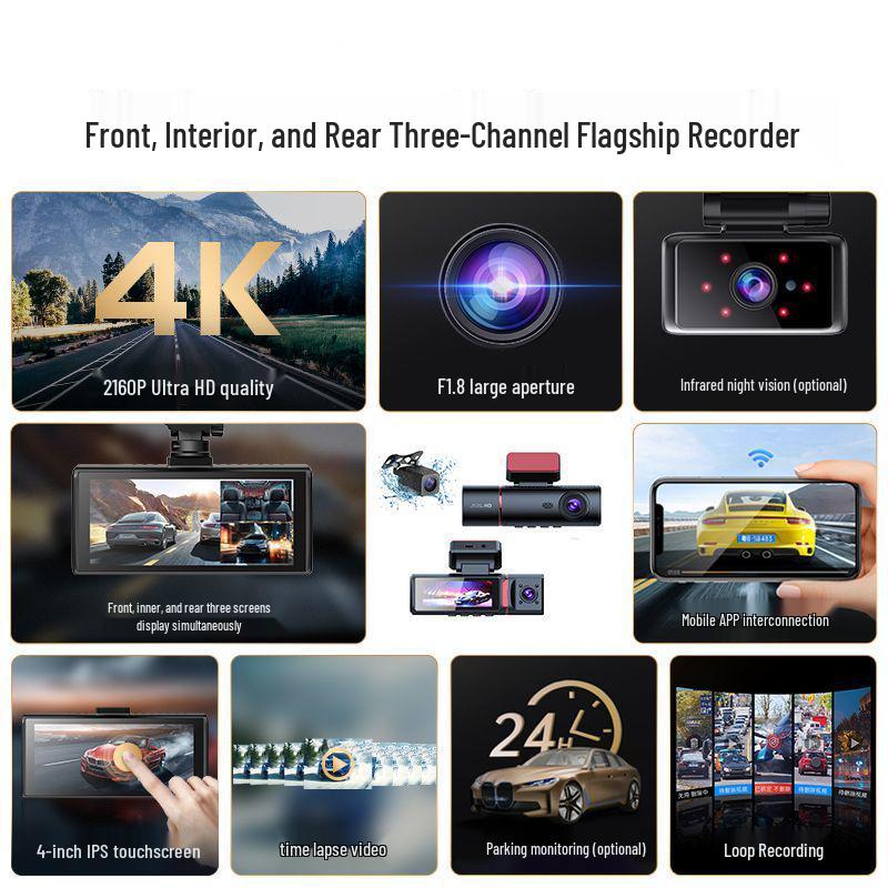 4K Triple-Lens Dash Cam with Night Vision & Built-in GPS