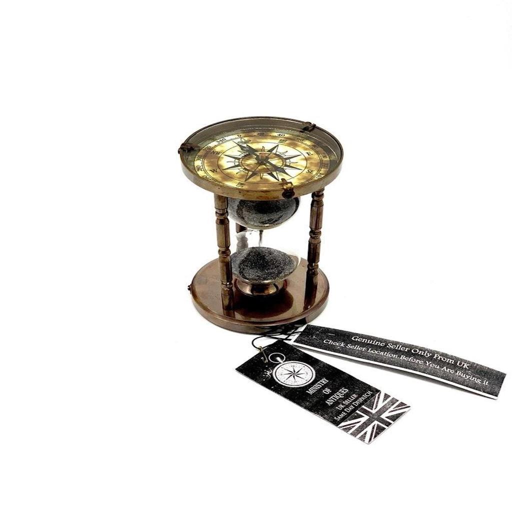 Vintage Nautical Brass Sand Timer Antique Maritime Hourglass with Double Side Compass Black Hourglass Solid Brass Sand Clock Decorative